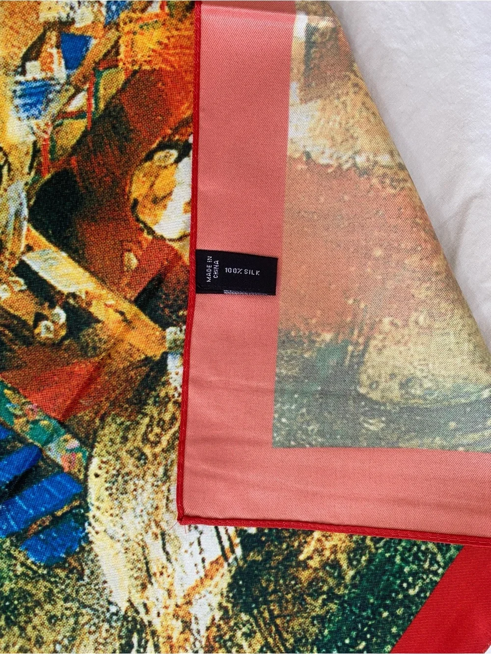 Silk Scarf Wrap Dress Top Abstract Multicolor with Red Trim